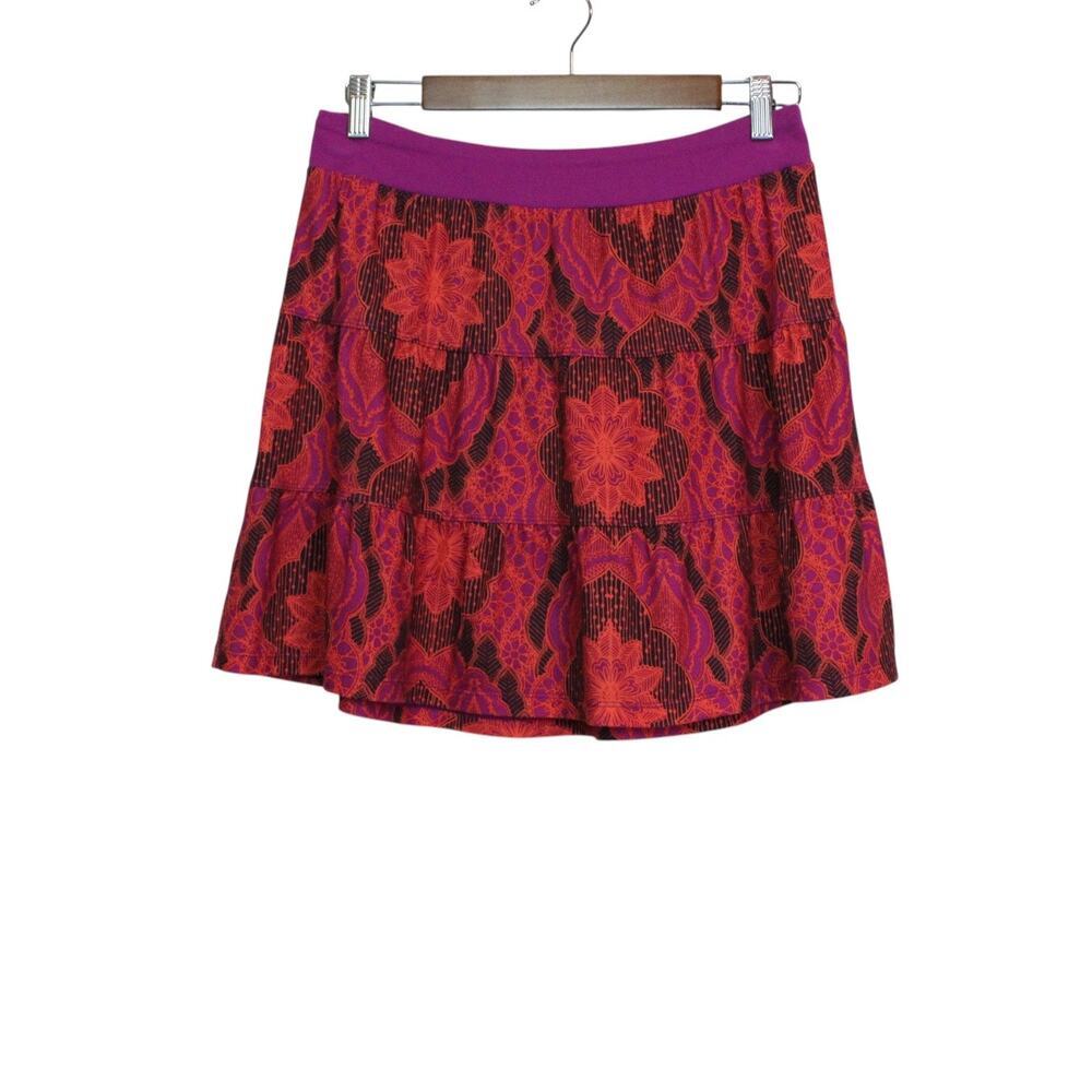 prAna Isadora Flounce Skirt Womens Medium Pink Batik Floral Tiered Sporty Boho
